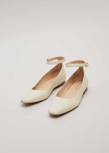 Phase Eight Leather Almond Toe Strap Ballerina Flats White Canada | KQXHFN-736